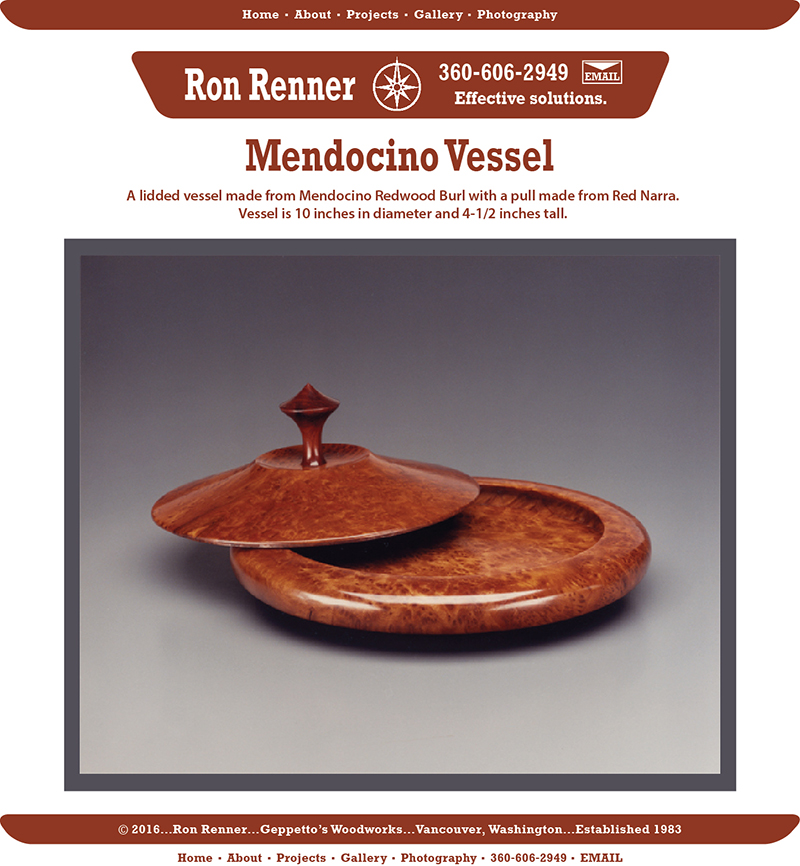 mendocino vessel, Ron Renner, Geppetto's Woodworks, since 1983, custom